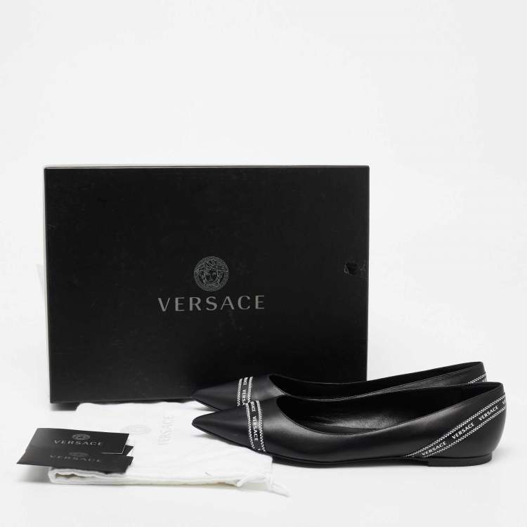 Pre Owned Versace Black Leather Logo Tape Detail Pointed Toe Ballet Flats Size 38.5