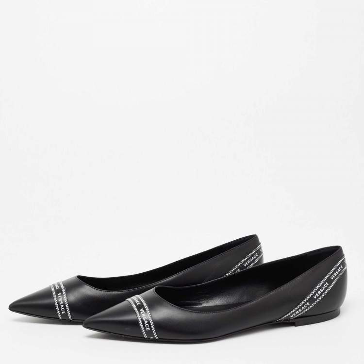 Pre Owned Versace Black Leather Logo Tape Detail Pointed Toe Ballet Flats Size 38.5