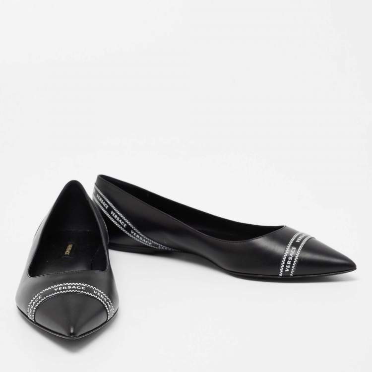 Pre Owned Versace Black Leather Logo Tape Detail Pointed Toe Ballet Flats Size 38.5
