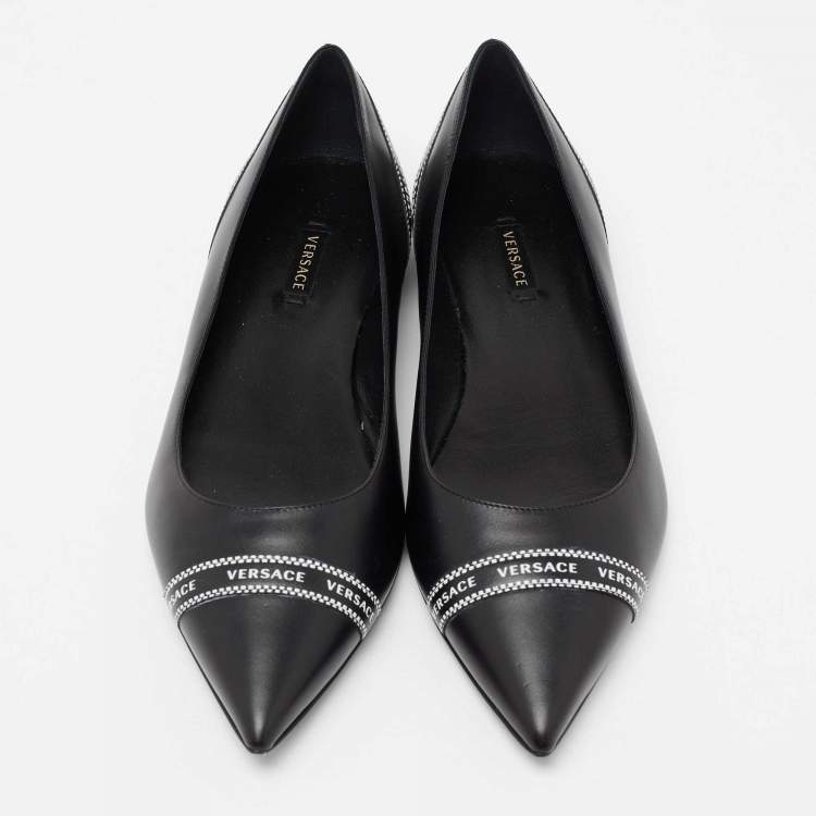 Pre Owned Versace Black Leather Logo Tape Detail Pointed Toe Ballet Flats Size 38.5