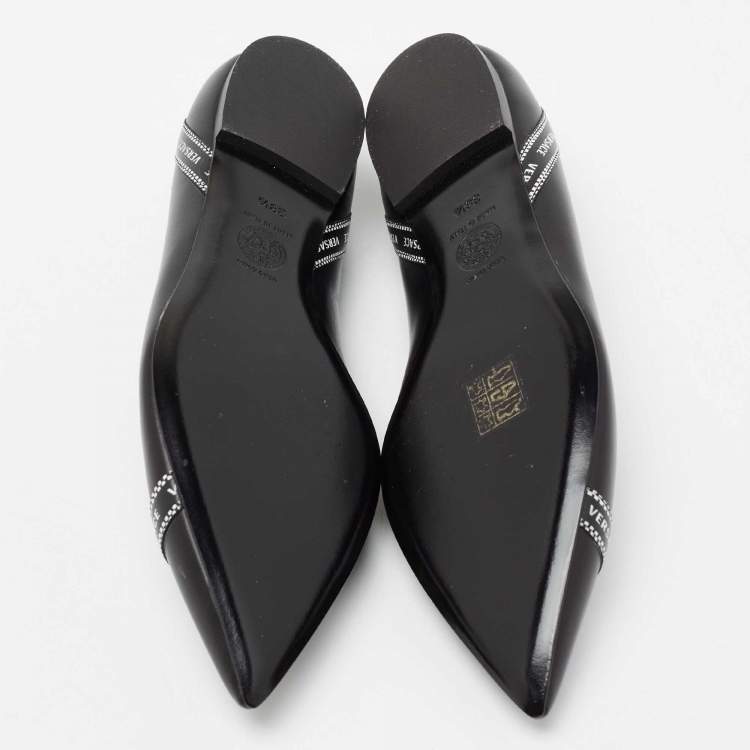 Pre Owned Versace Black Leather Logo Tape Detail Pointed Toe Ballet Flats Size 38.5