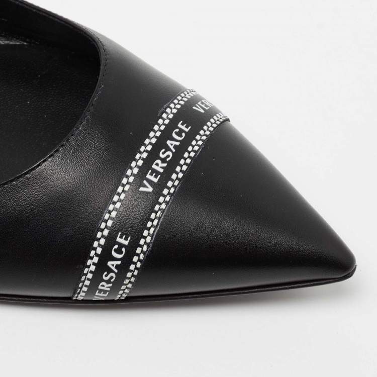 Pre Owned Versace Black Leather Logo Tape Detail Pointed Toe Ballet Flats Size 38.5