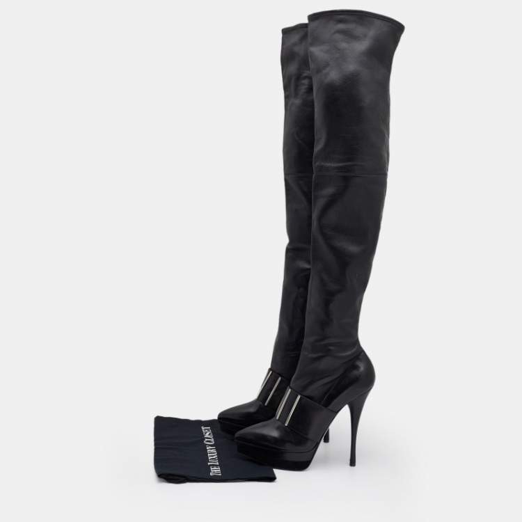 Pre Owned Versace Black Leather Platform Thigh High Boots Size 41