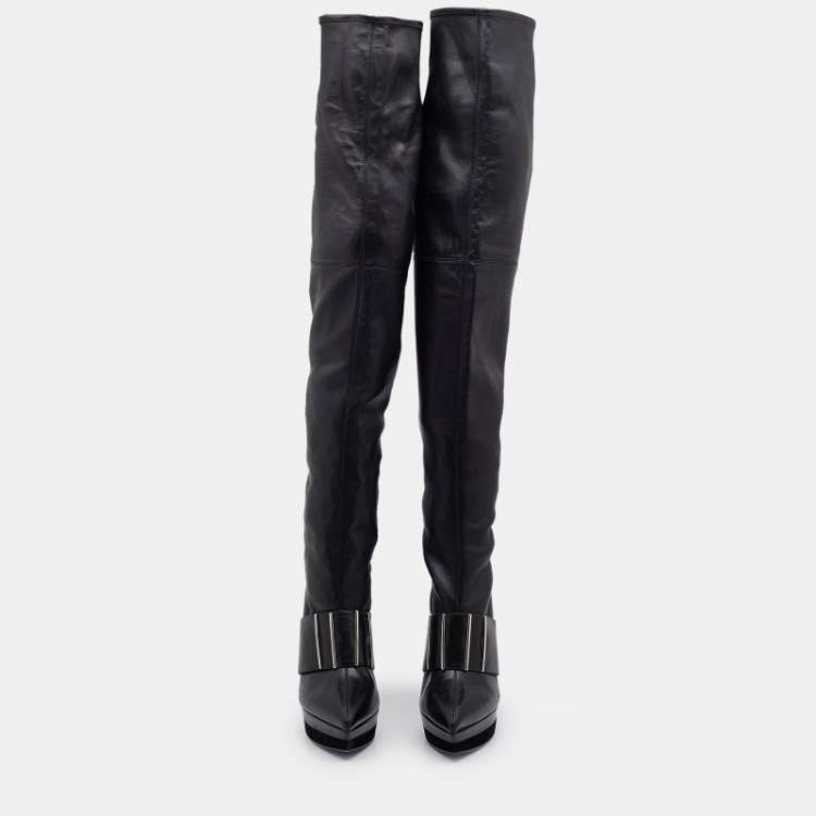 Pre Owned Versace Black Leather Platform Thigh High Boots Size 41