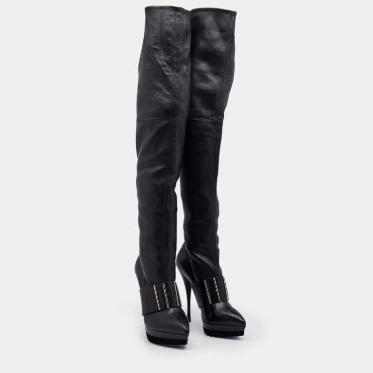 Pre Owned Versace Black Leather Platform Thigh High Boots Size 41