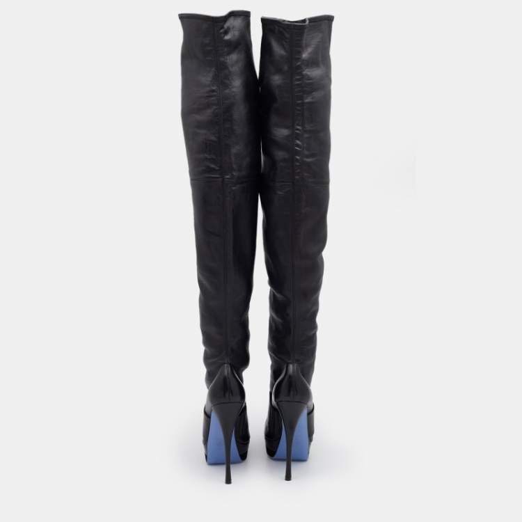 Pre Owned Versace Black Leather Platform Thigh High Boots Size 41