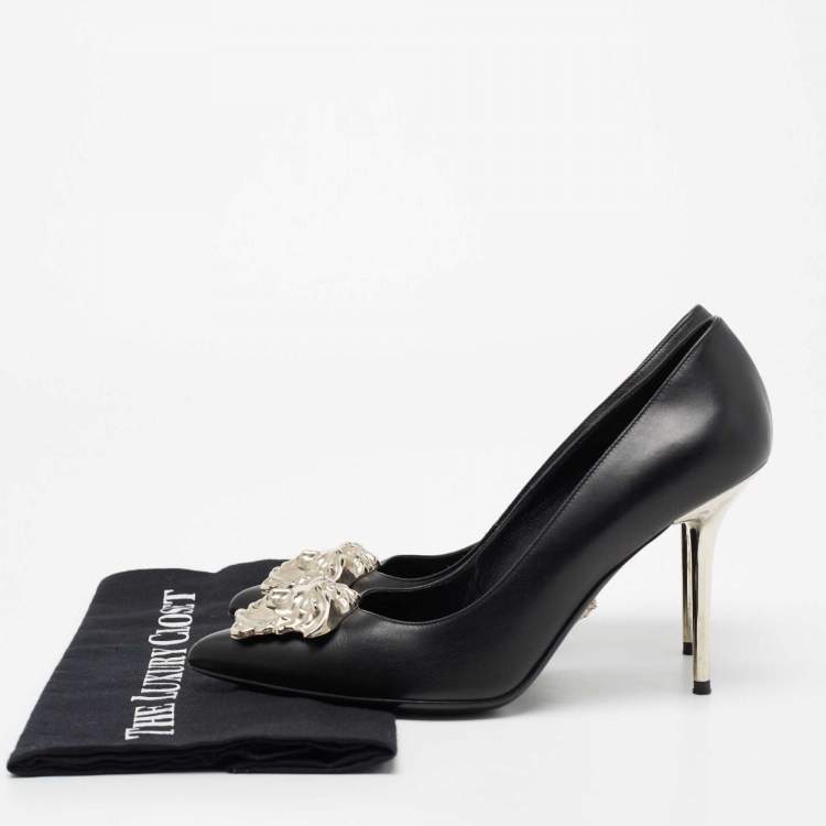 Pre Owned Versace Black Leather Palazzo Pointed Toe Pumps Size 38