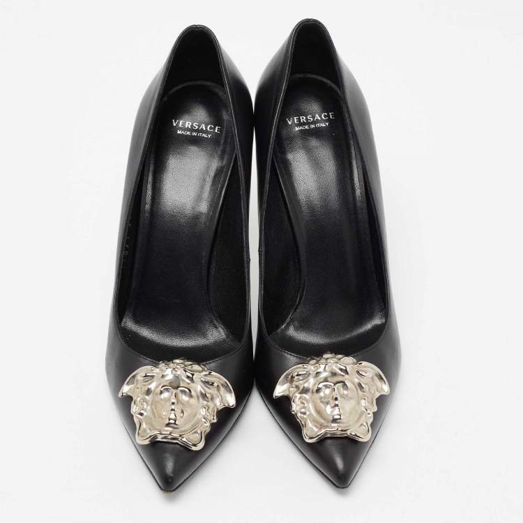 Pre Owned Versace Black Leather Palazzo Pointed Toe Pumps Size 38
