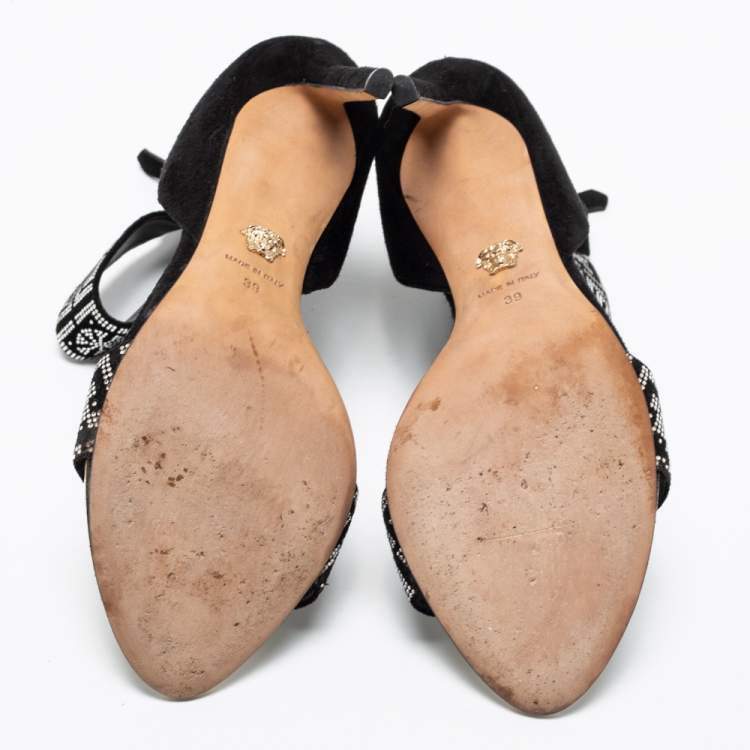 مملوكة مسبقًا Versace Black Suede Crystal Embellished Ankle Cuff Sandals Size 39