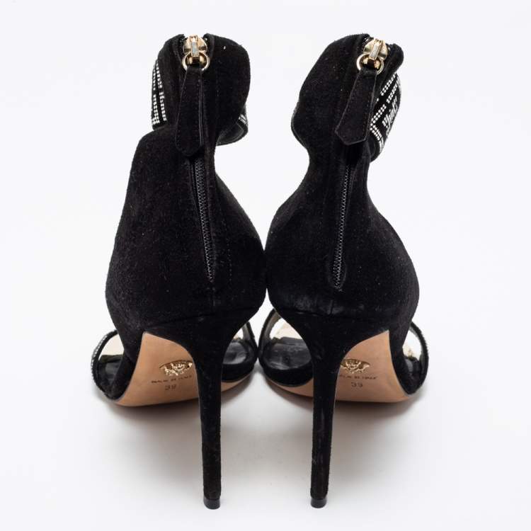 مملوكة مسبقًا Versace Black Suede Crystal Embellished Ankle Cuff Sandals Size 39