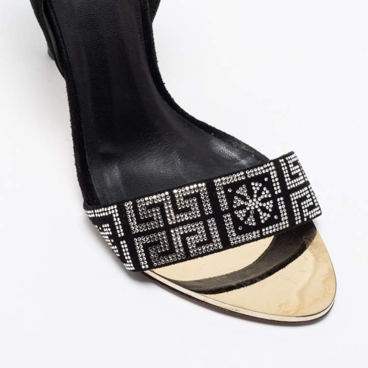 مملوكة مسبقًا Versace Black Suede Crystal Embellished Ankle Cuff Sandals Size 39