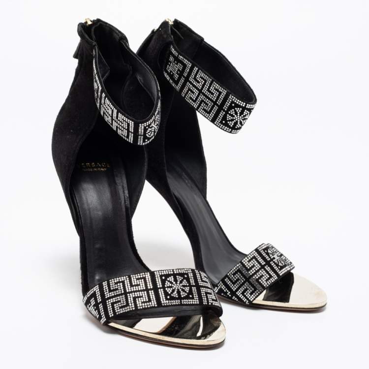 مملوكة مسبقًا Versace Black Suede Crystal Embellished Ankle Cuff Sandals Size 39