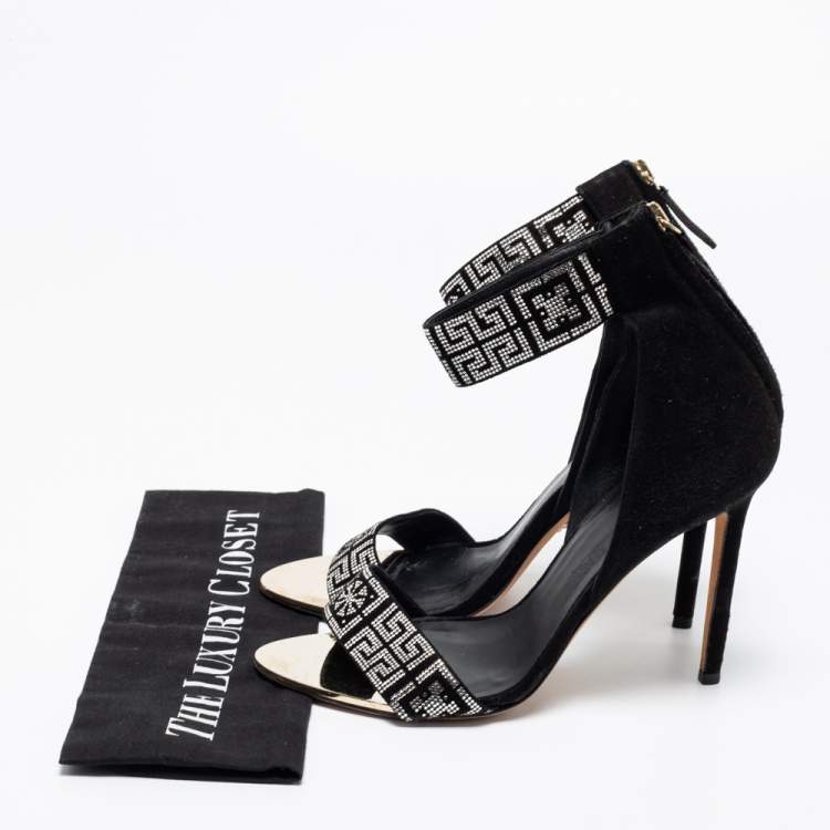 مملوكة مسبقًا Versace Black Suede Crystal Embellished Ankle Cuff Sandals Size 39