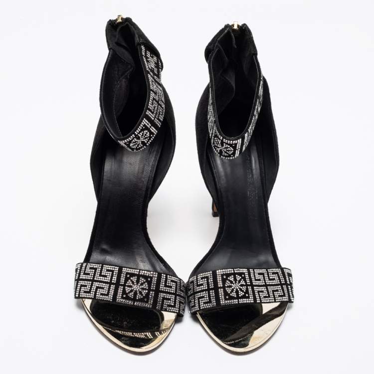 مملوكة مسبقًا Versace Black Suede Crystal Embellished Ankle Cuff Sandals Size 39