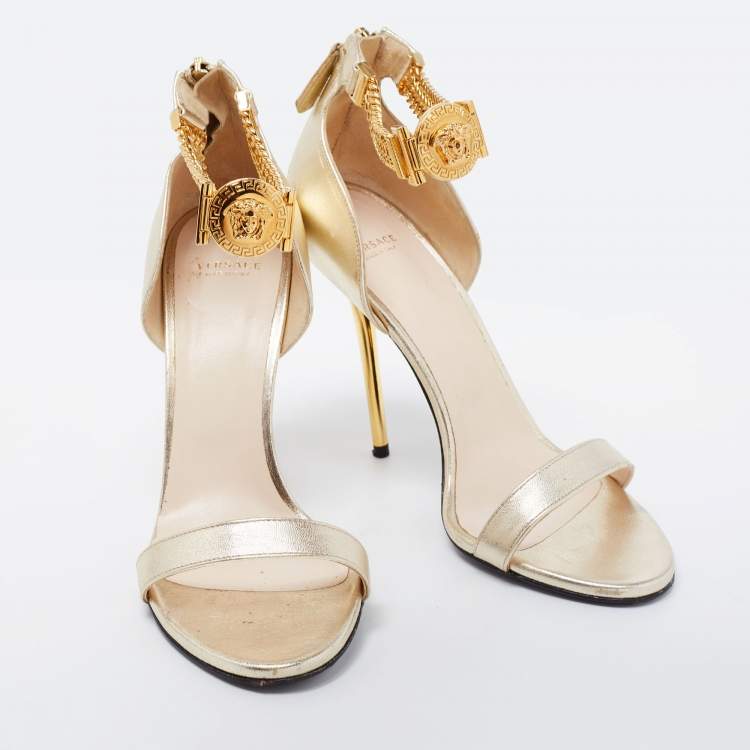 Pre Owned Versace Metallic Gold  Leather Medusa Chain Ankle Strap Sandals Size 40 
