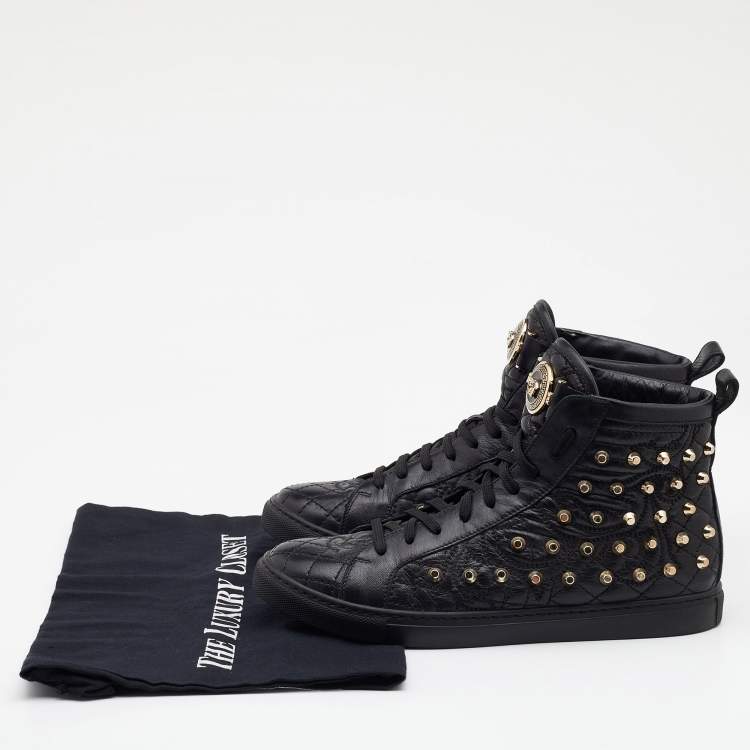 Pre Owned Versace Black Quilted Leather Medusa Studded High Top Sneakers Size 37.5