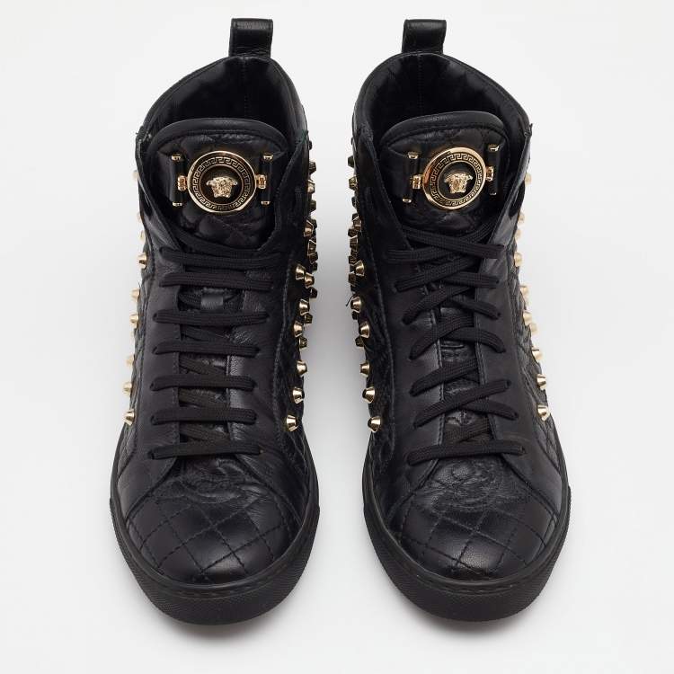 Pre Owned Versace Black Quilted Leather Medusa Studded High Top Sneakers Size 37.5