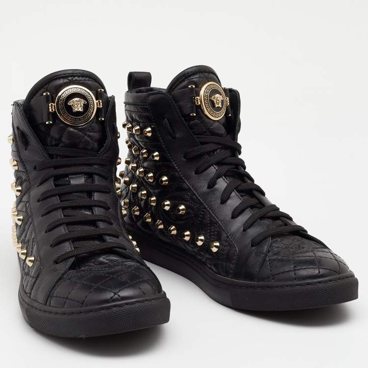 Pre Owned Versace Black Quilted Leather Medusa Studded High Top Sneakers Size 37.5