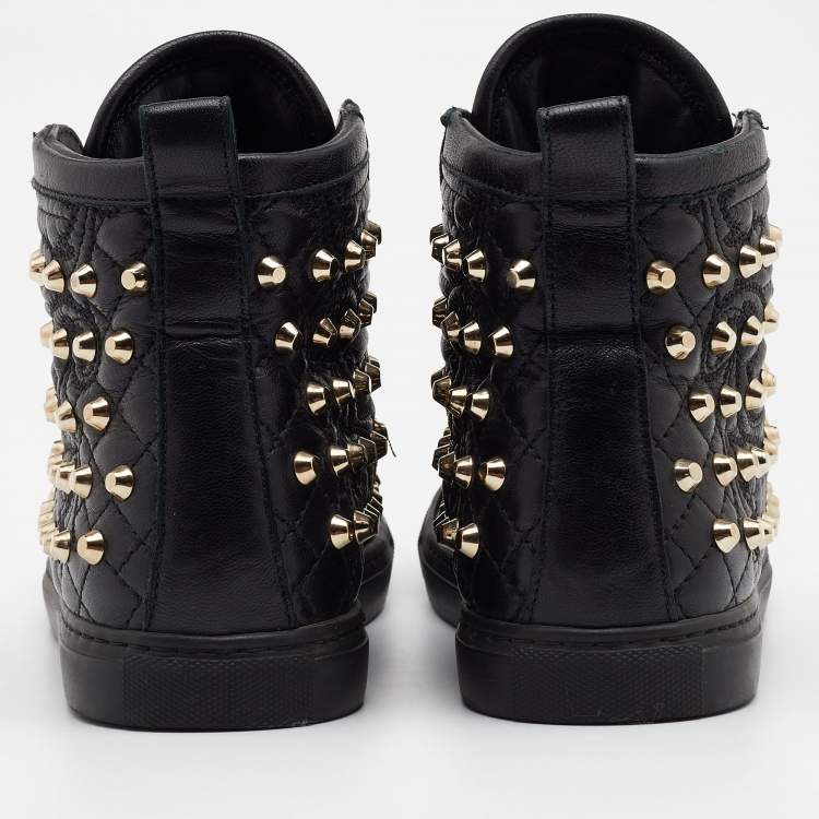 Pre Owned Versace Black Quilted Leather Medusa Studded High Top Sneakers Size 37.5