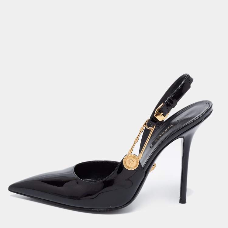 Pre Owned Versace  Black Patent Leather Safety-Pin Ankle Strap Pumps Size 40 
