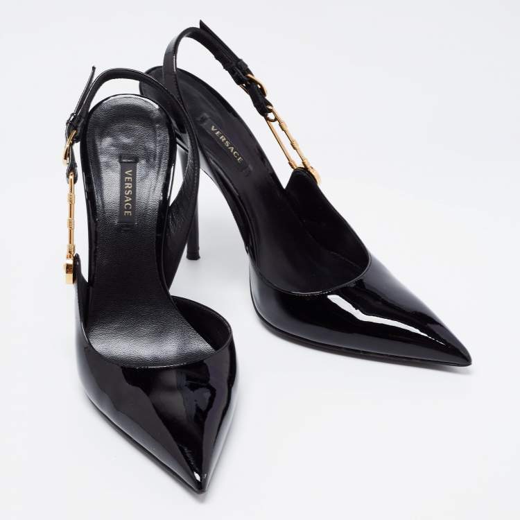 Pre Owned Versace  Black Patent Leather Safety-Pin Ankle Strap Pumps Size 40 