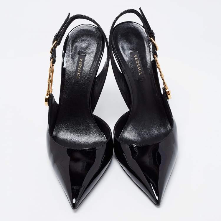 Pre Owned Versace  Black Patent Leather Safety-Pin Ankle Strap Pumps Size 40 
