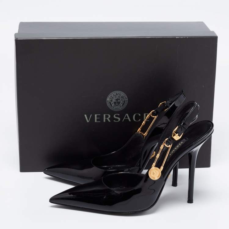 Pre Owned Versace  Black Patent Leather Safety-Pin Ankle Strap Pumps Size 40 