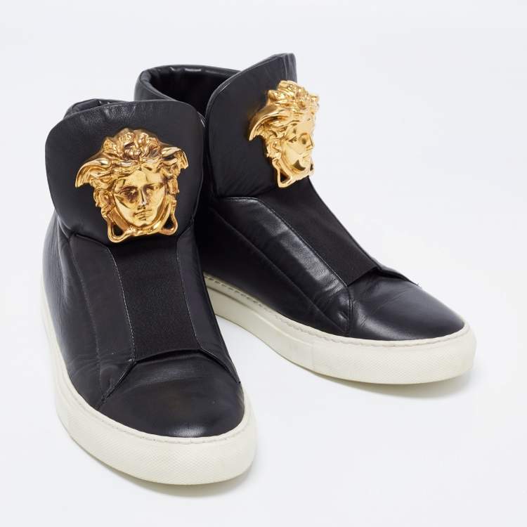 Pre Owned Versace Black Leather Medusa Palazzo Slip On High Top Sneakers Size 40