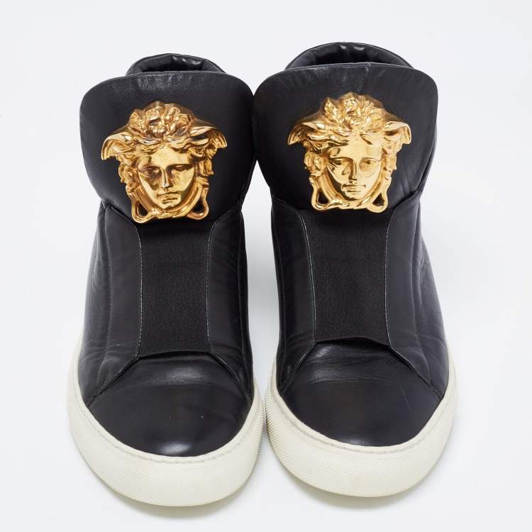 Pre Owned Versace Black Leather Medusa Palazzo Slip On High Top Sneakers Size 40