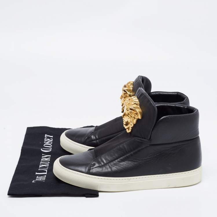 Pre Owned Versace Black Leather Medusa Palazzo Slip On High Top Sneakers Size 40