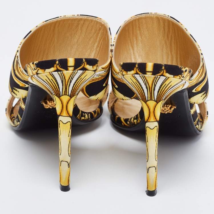 Pre Owned Versace Black Baroque Print Canvas Tribute Sandals Size 38