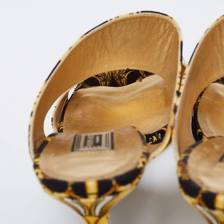 Pre Owned Versace Black Baroque Print Canvas Tribute Sandals Size 38