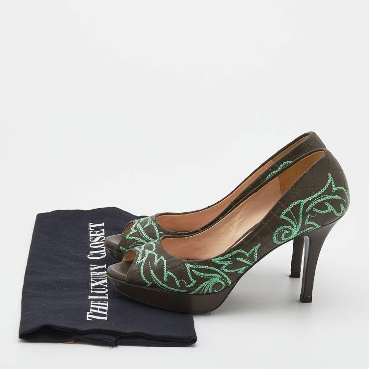Pre Owned Versace Olive Brown Embroidered Leather Peep Toe Platform Pumps Size 36