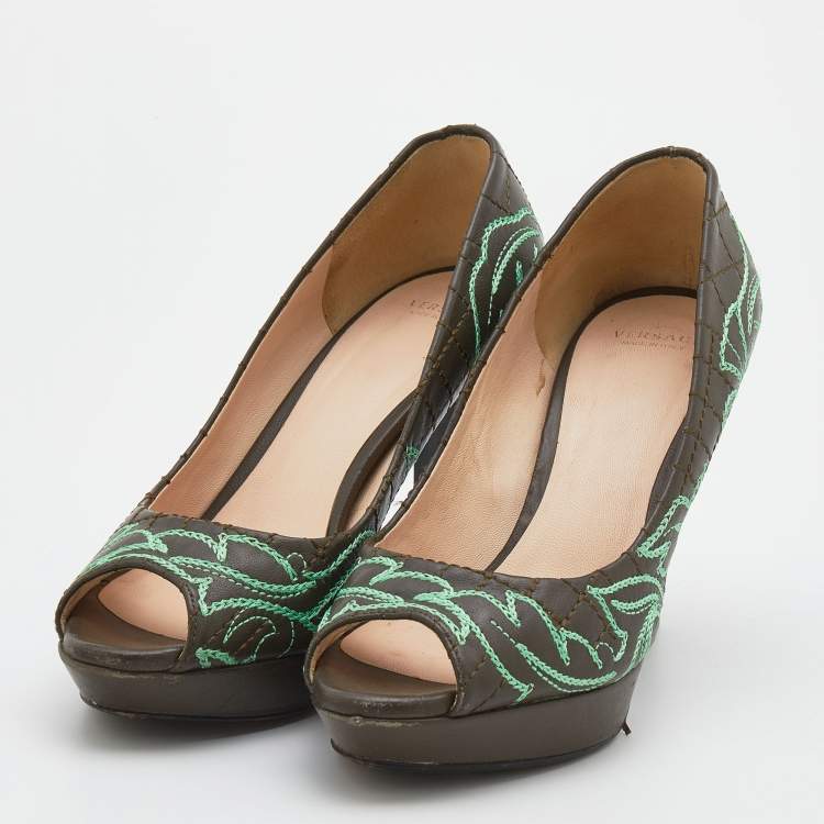 Pre Owned Versace Olive Brown Embroidered Leather Peep Toe Platform Pumps Size 36