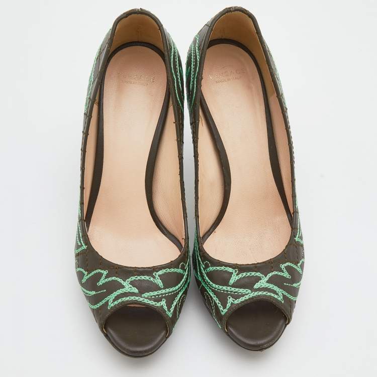 Pre Owned Versace Olive Brown Embroidered Leather Peep Toe Platform Pumps Size 36