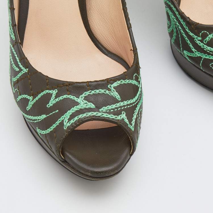 Pre Owned Versace Olive Brown Embroidered Leather Peep Toe Platform Pumps Size 36