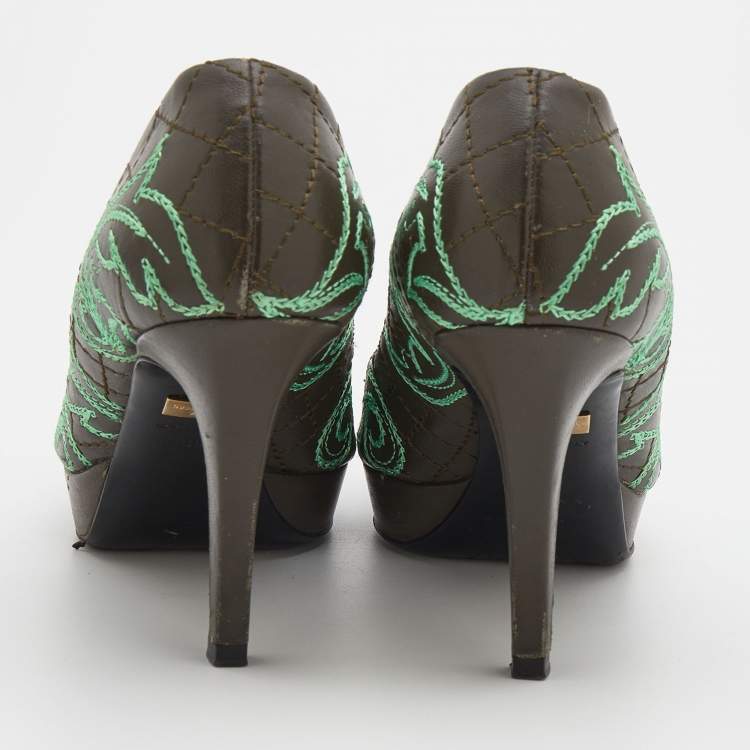 Pre Owned Versace Olive Brown Embroidered Leather Peep Toe Platform Pumps Size 36