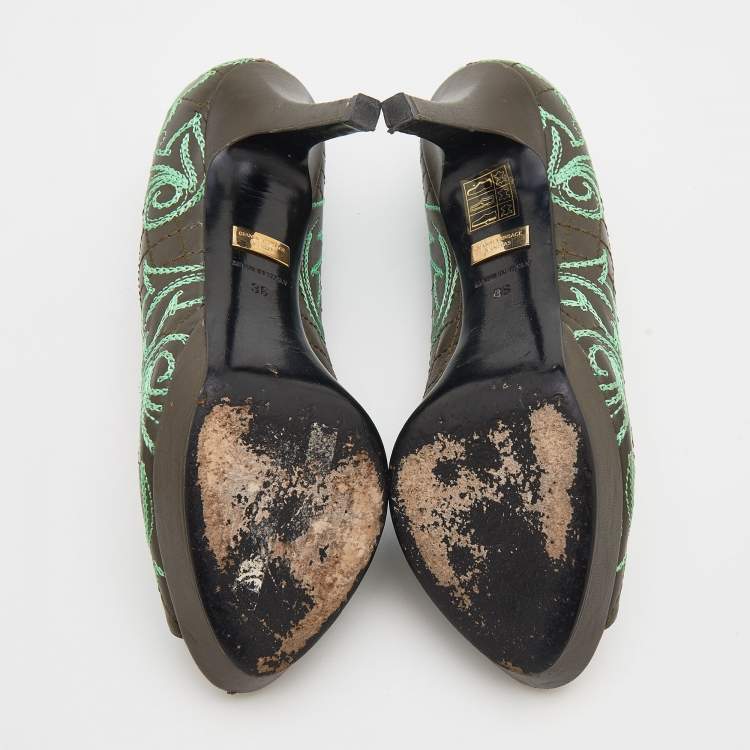 Pre Owned Versace Olive Brown Embroidered Leather Peep Toe Platform Pumps Size 36