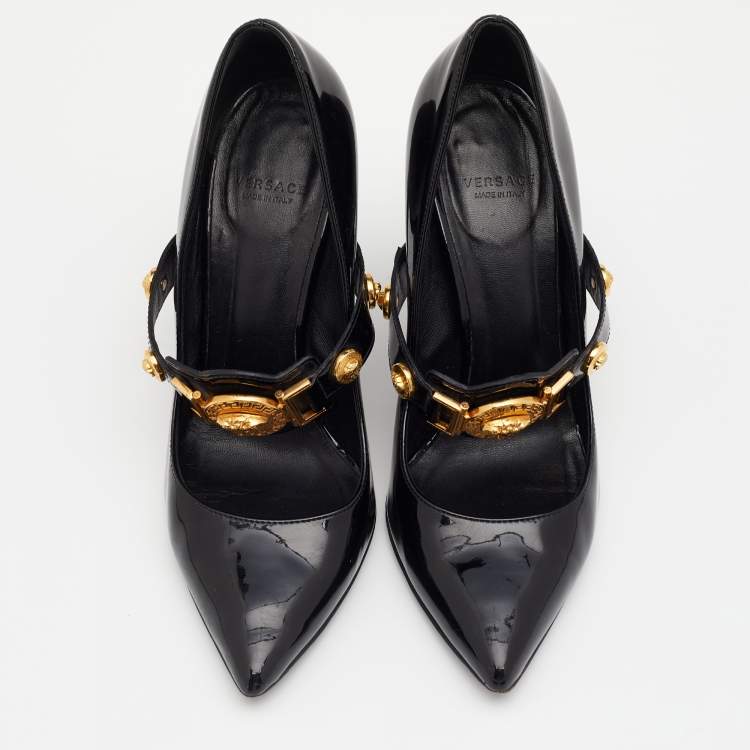 Pre Owned Versace Black Patent Leather Medusa Embellished Mary Jane Pumps Size 36