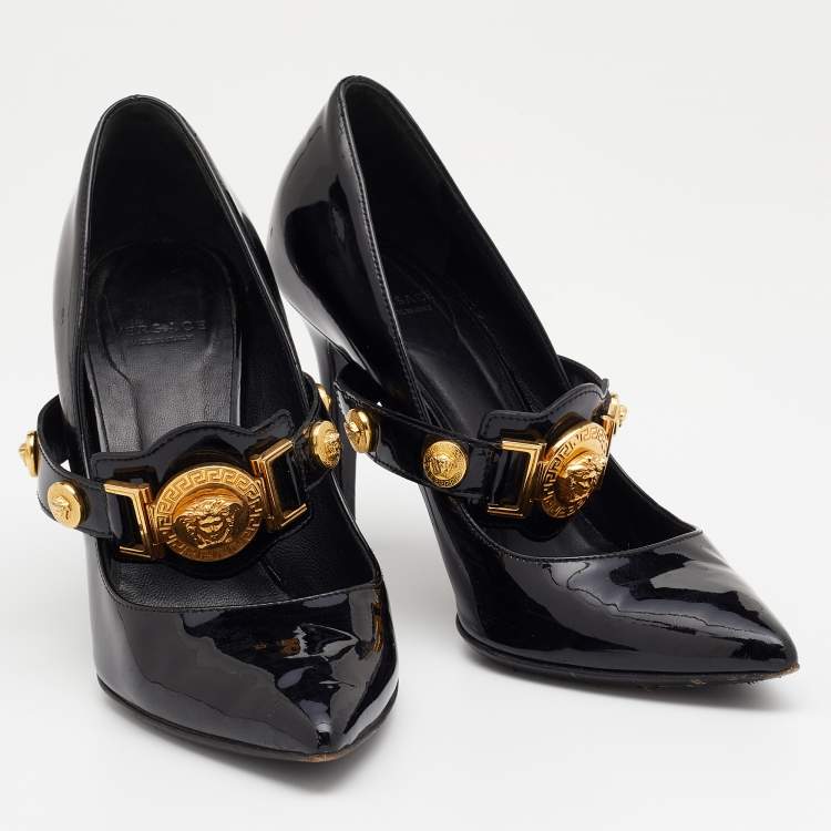 Pre Owned Versace Black Patent Leather Medusa Embellished Mary Jane Pumps Size 36