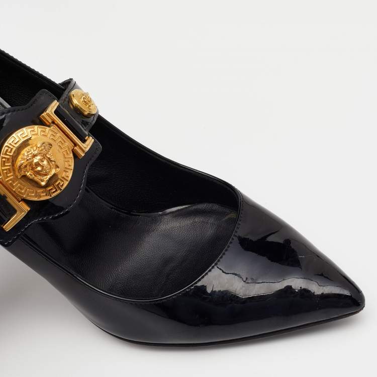 Pre Owned Versace Black Patent Leather Medusa Embellished Mary Jane Pumps Size 36