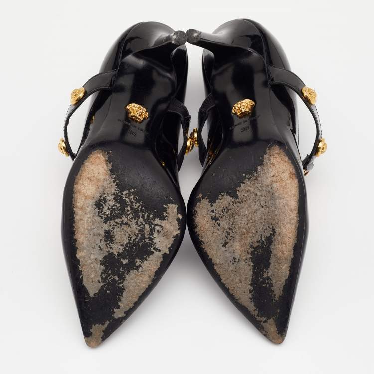 Pre Owned Versace Black Patent Leather Medusa Embellished Mary Jane Pumps Size 36