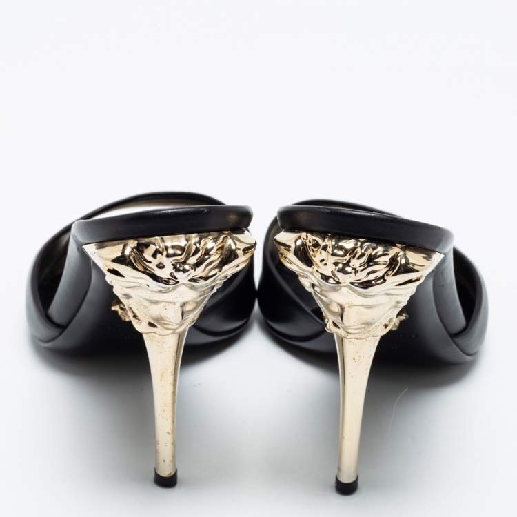 Pre Owned Versace Black Leather Medusa Heel Slide Sandals Size 38