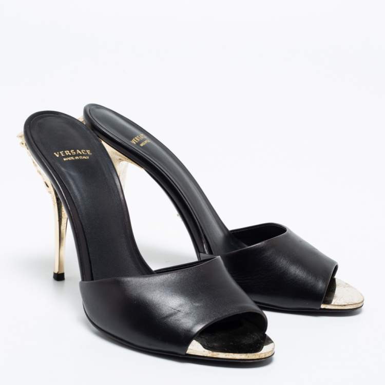 Pre Owned Versace Black Leather Medusa Heel Slide Sandals Size 38