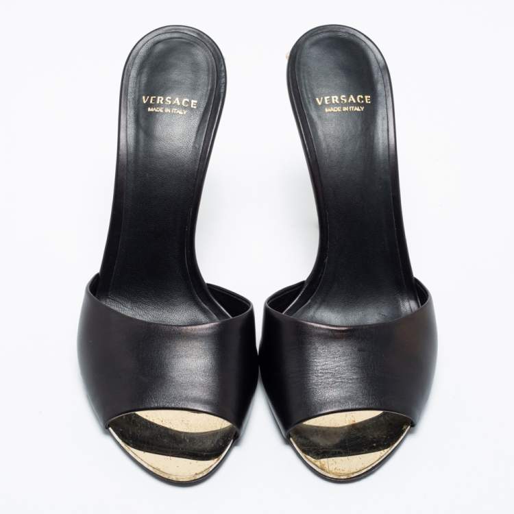 Pre Owned Versace Black Leather Medusa Heel Slide Sandals Size 38
