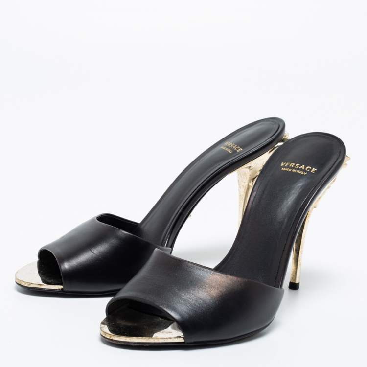 Pre Owned Versace Black Leather Medusa Heel Slide Sandals Size 38