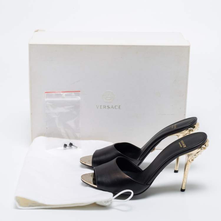Pre Owned Versace Black Leather Medusa Heel Slide Sandals Size 38