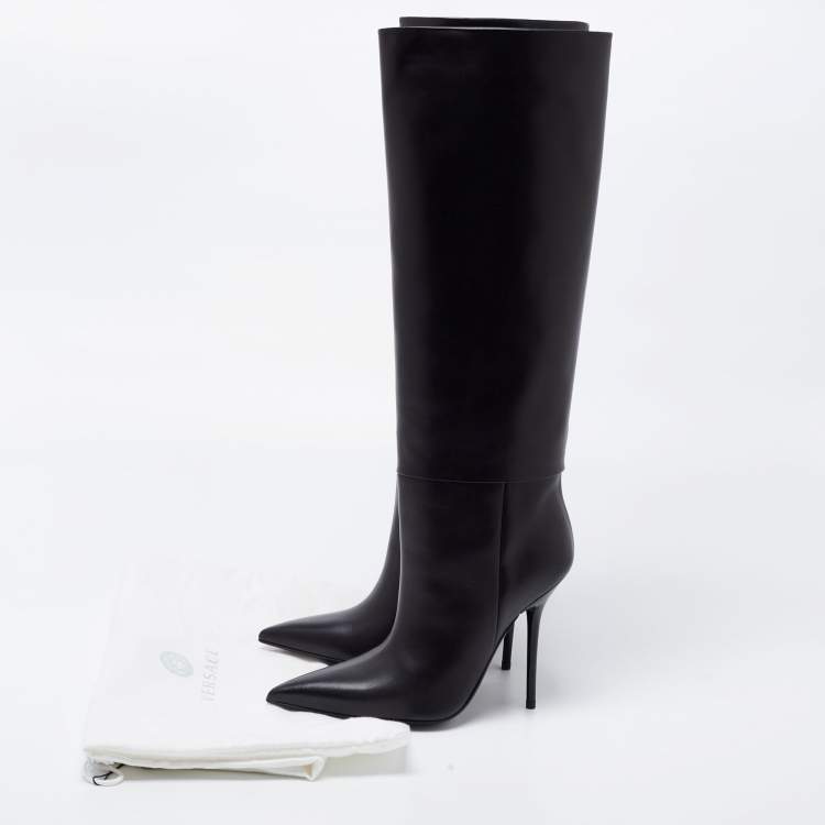 Pre Owned Versace Black Leather Knee Length Boots Size 38