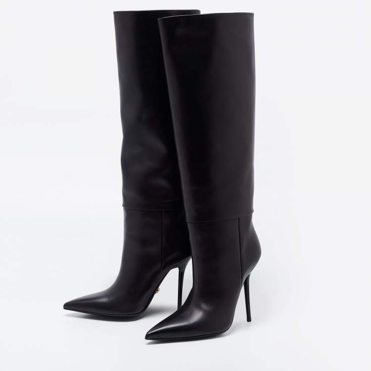 Pre Owned Versace Black Leather Knee Length Boots Size 38