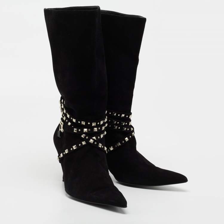 Pre Owned Versace Black Suede Studded Mid Calf Boots Size 38